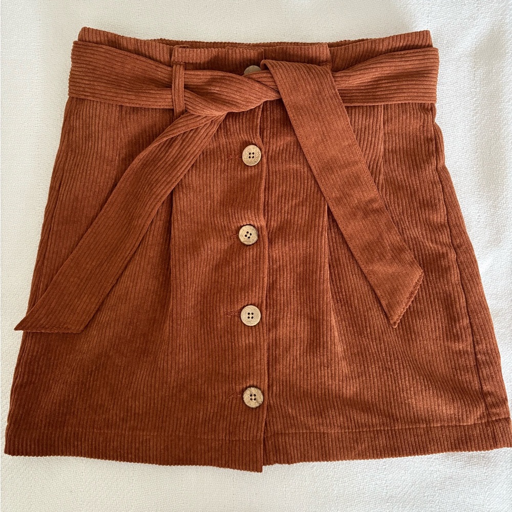 Brown Corduroy Button-Front Tie Waist Skirt Front Pleats Size XS
